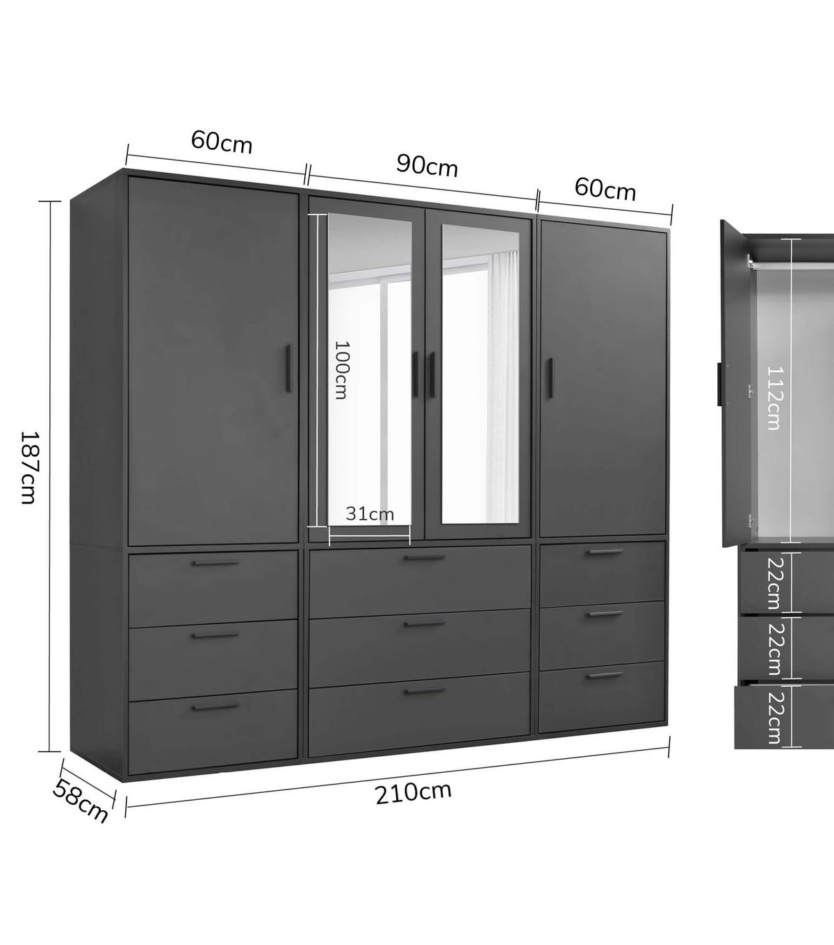 KLEIDERSCHRANK mit Spiegel Der Grenzenlose - Anthrazit, Holzwerkstoff (210/187/58cm) - Mokebo