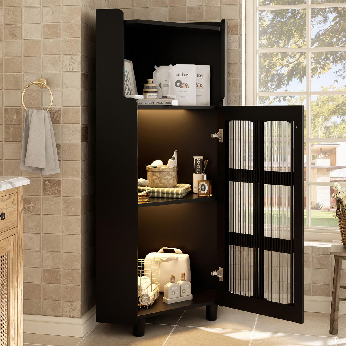 KÜCHENSCHRANK MIT LED 63,5/124/63,5 cm, MDF, Schwarz, APP-GESTEUERTE BELEUCHTUNG, platzsparende Eckkommode für Badezimmer - Schwarz, Holzwerkstoff (63.5/124/63.5cm) - Rolipo