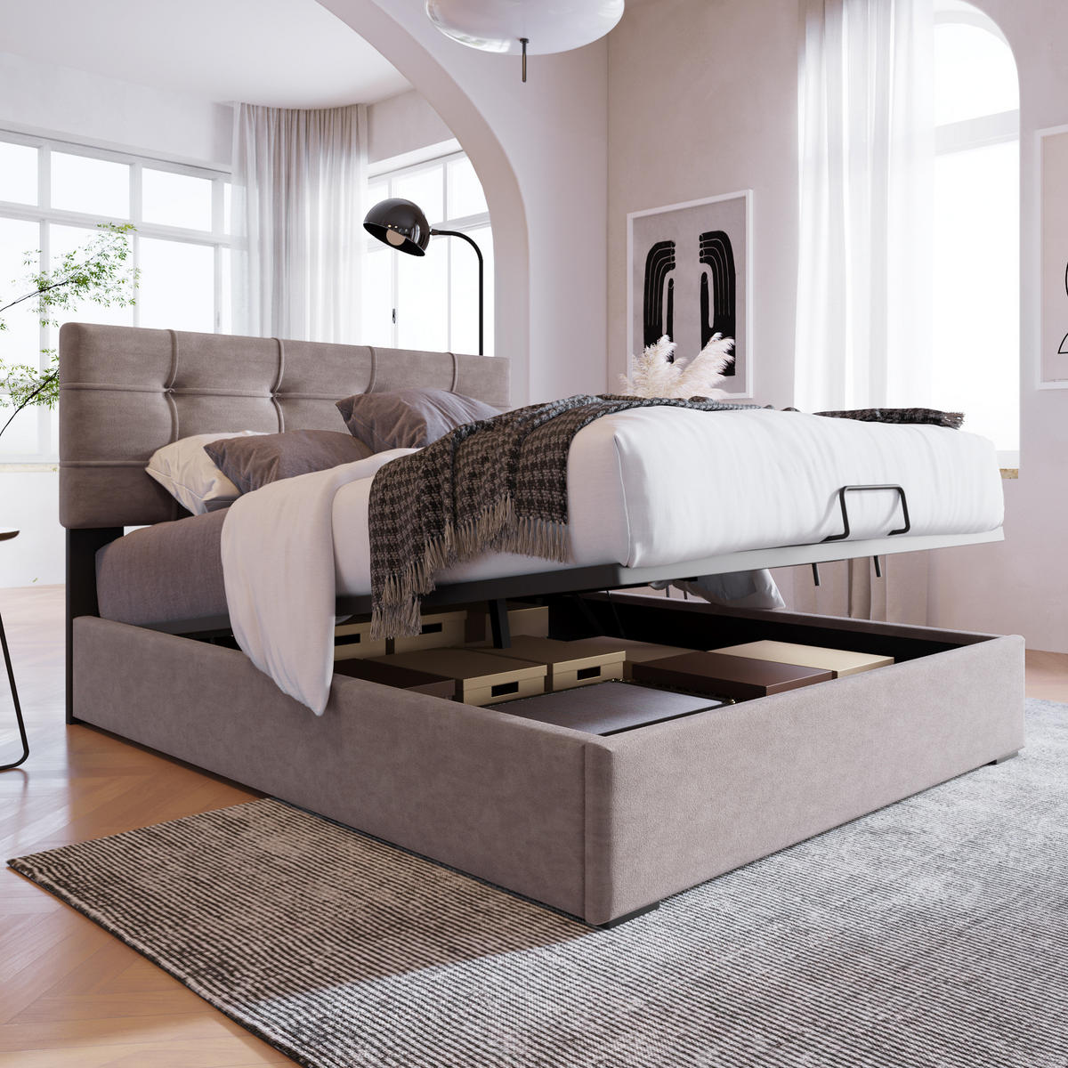 POLSTERBETT 90/200 cm Hellgrau aus Samt mit Bettkasten - Hellgrau, Textil (90/200cm) - OKMYHOME