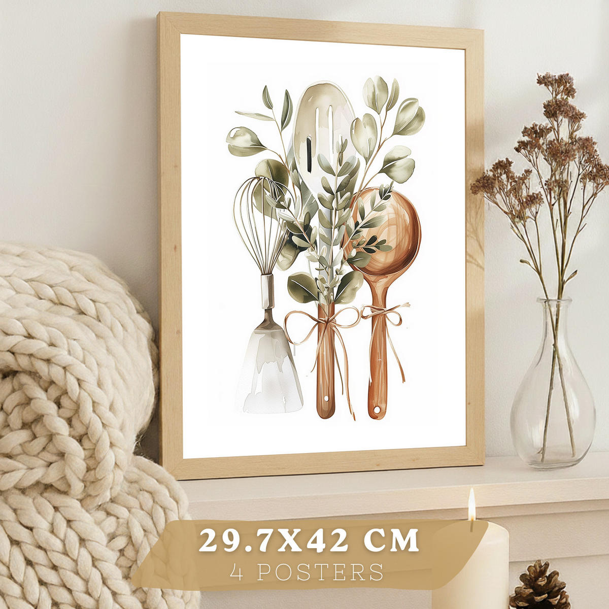 PLAKAT Sada 4 dekorativních nástěnných tisků, Botanická kuchyně. Bohémský venkovský styl. Rustikální kuchyně. Velikost Světlý dřevěný rám A3 - béžová, papír (29.7/42/3cm) - Nacnic