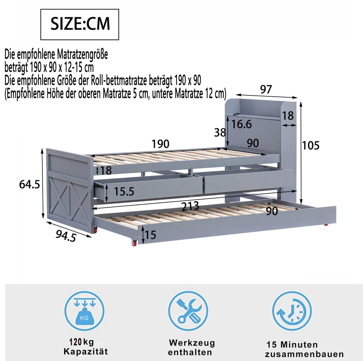 BETT 90/190 cm Grau aus Massivholz mit Bett und Schubladen - Grau, Holz (90/200cm) - OKMYHOME