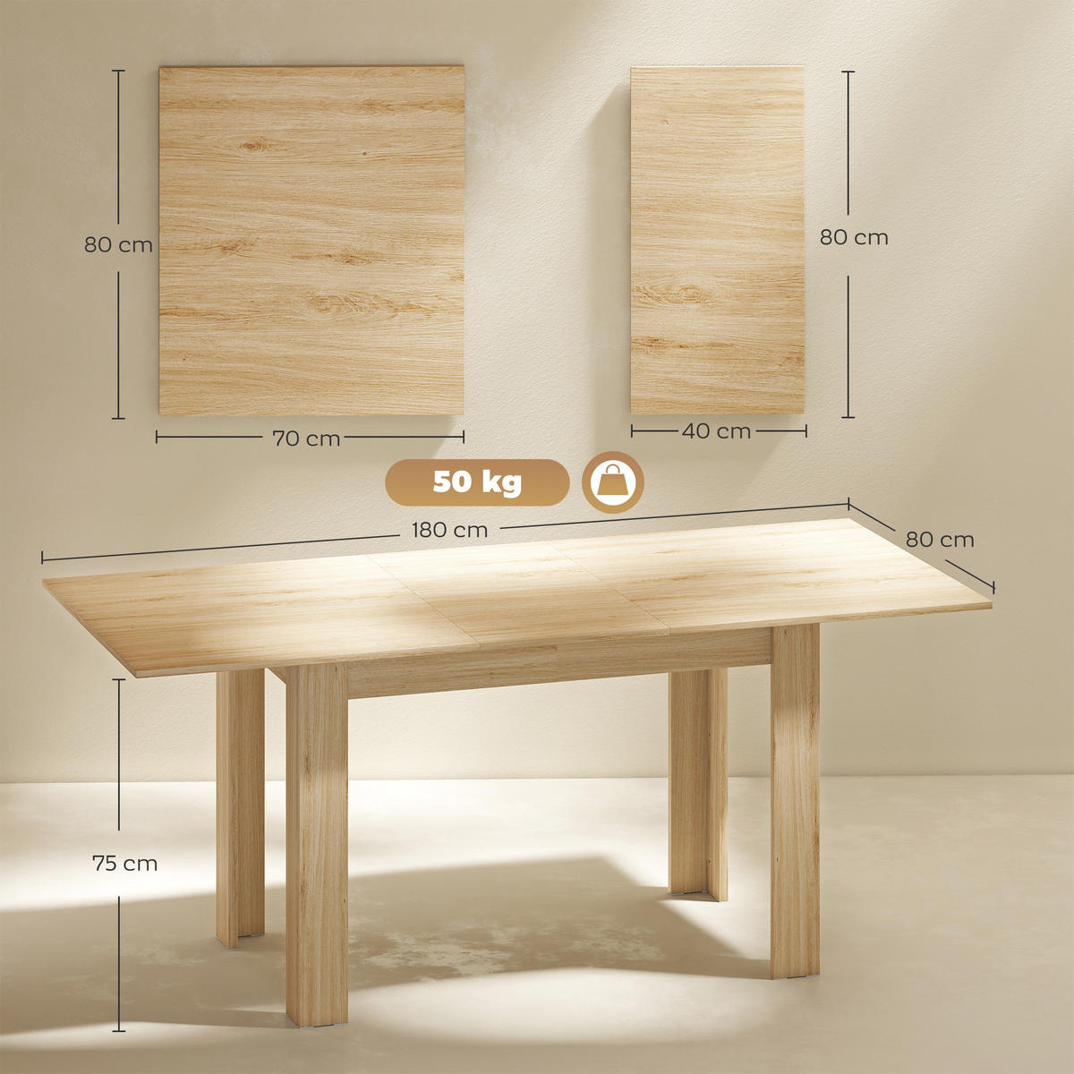 AUSZIEHTISCH Eichefarben Ausziehbar 140-180/80/75 cm - Naturfarben, Holz (80/180/75cm) - PANGIVO