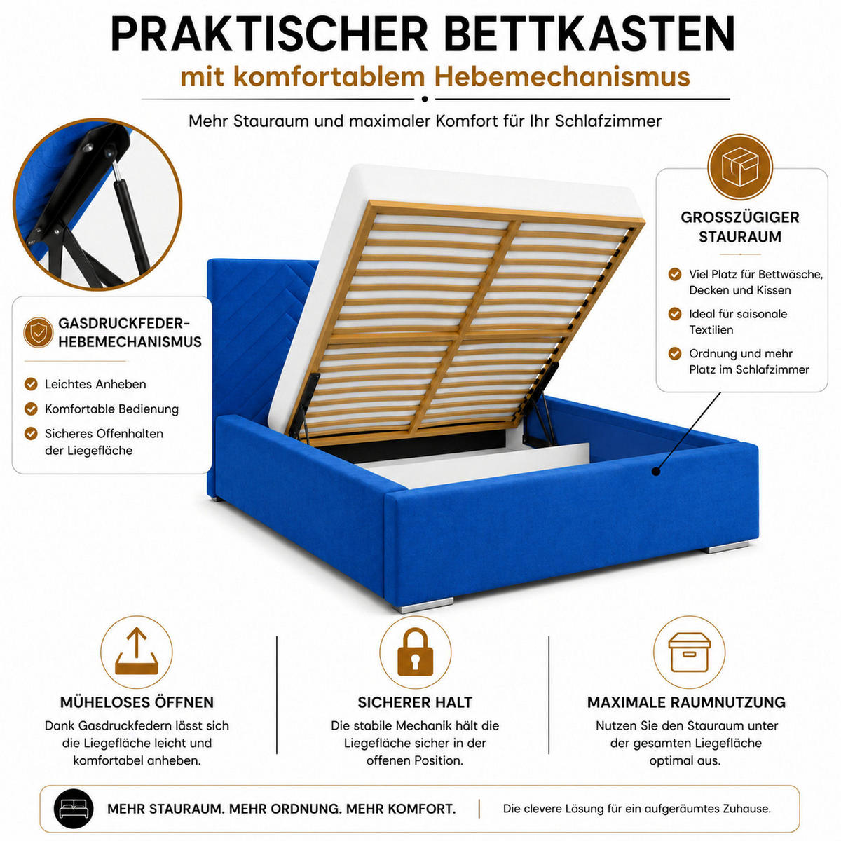 POLSTERBETT 180x200 cm AURA, Doppelbett mit Bettkasten und Lattenrost aus Holz, Velourstoff: Blau - Blau, Holz/Kunststoff (180/200cm) - Marpur