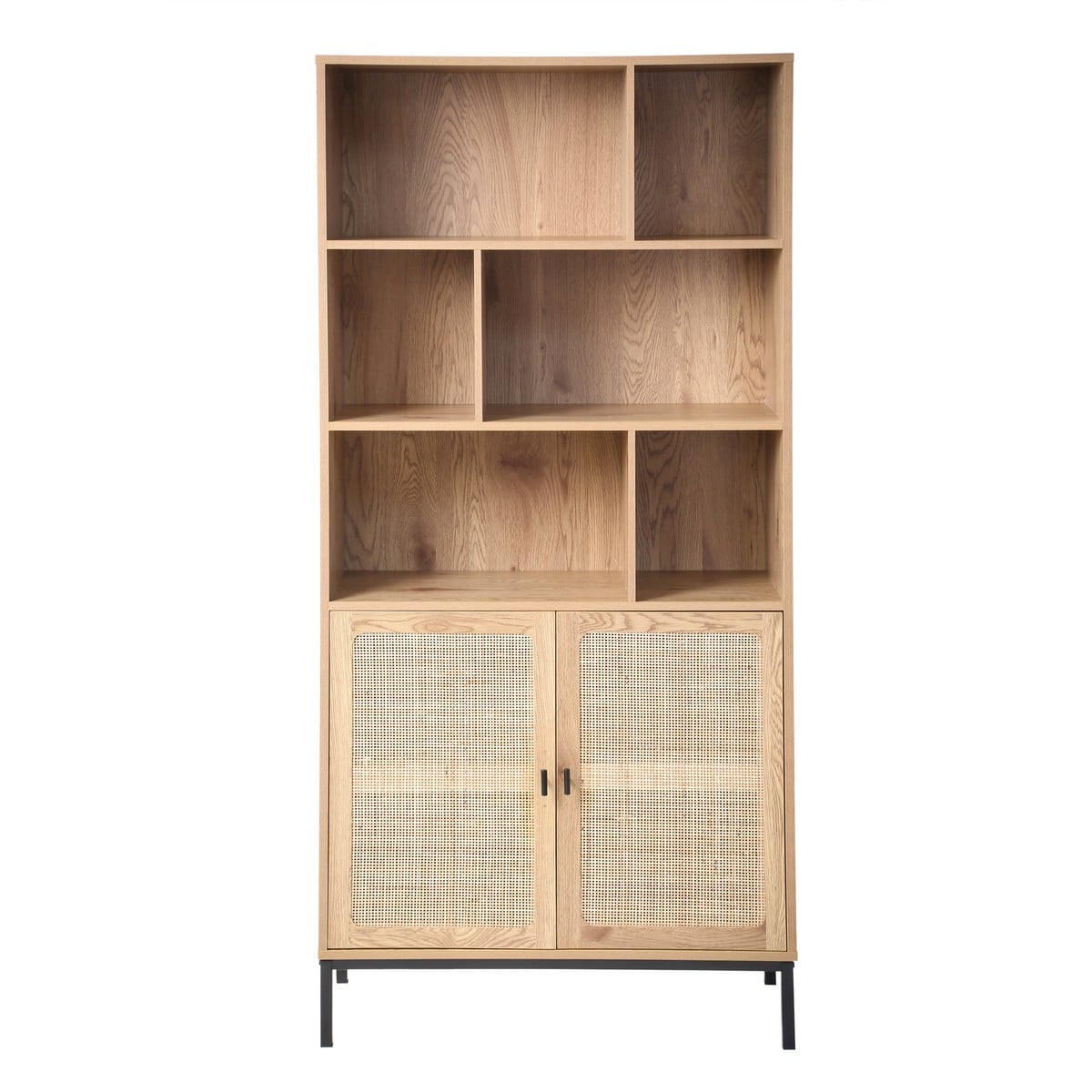BÜCHERREGAL mit Aufbewahrung 2 Türen aus natürlichem Rattan H175cm - JAYA - Eschefarben, Holzwerkstoff (35/175/45cm) - Calicosy