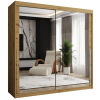 SCHIEBETÜRENSCHRANK mit Spiegel 200 cm Breite Artisan mit silbernem Griff - Silberfarben/Eiche Artisan, Holzwerkstoff (200/200/62cm) - Home Collective