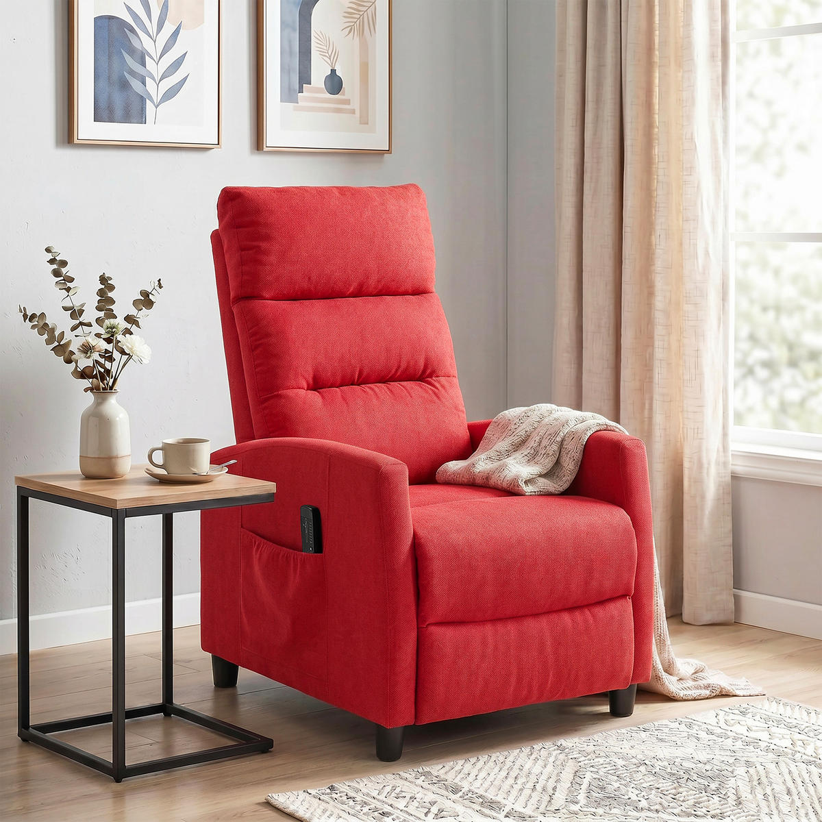 MASSAGESESSEL,MANUELL 160° Chenille Fußstütze Fernbedienung Taschen,weinrot - Rot, Textil (66/108/91cm) - Vallsero