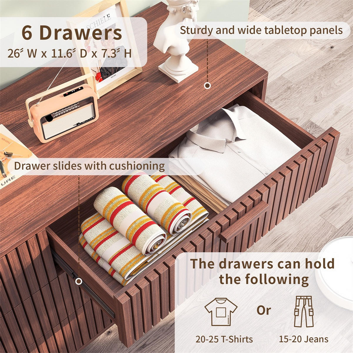 KOMMODE mit 6 Schubladen - gerillte Fronten und konische Beine - für Wohnzimmer und Schlafzimmer - Walnuss-Optik - Walnussfarben, Holzwerkstoff (100/73/34cm) - DELFA