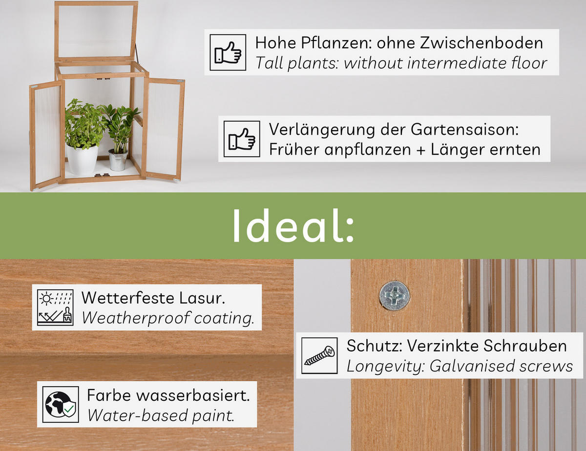 GEWÄCHSHAUS aus Holz für Balkon & Garten, mit Polycarbonat - Braun, Holz (56/76/43cm) - needs&wants
