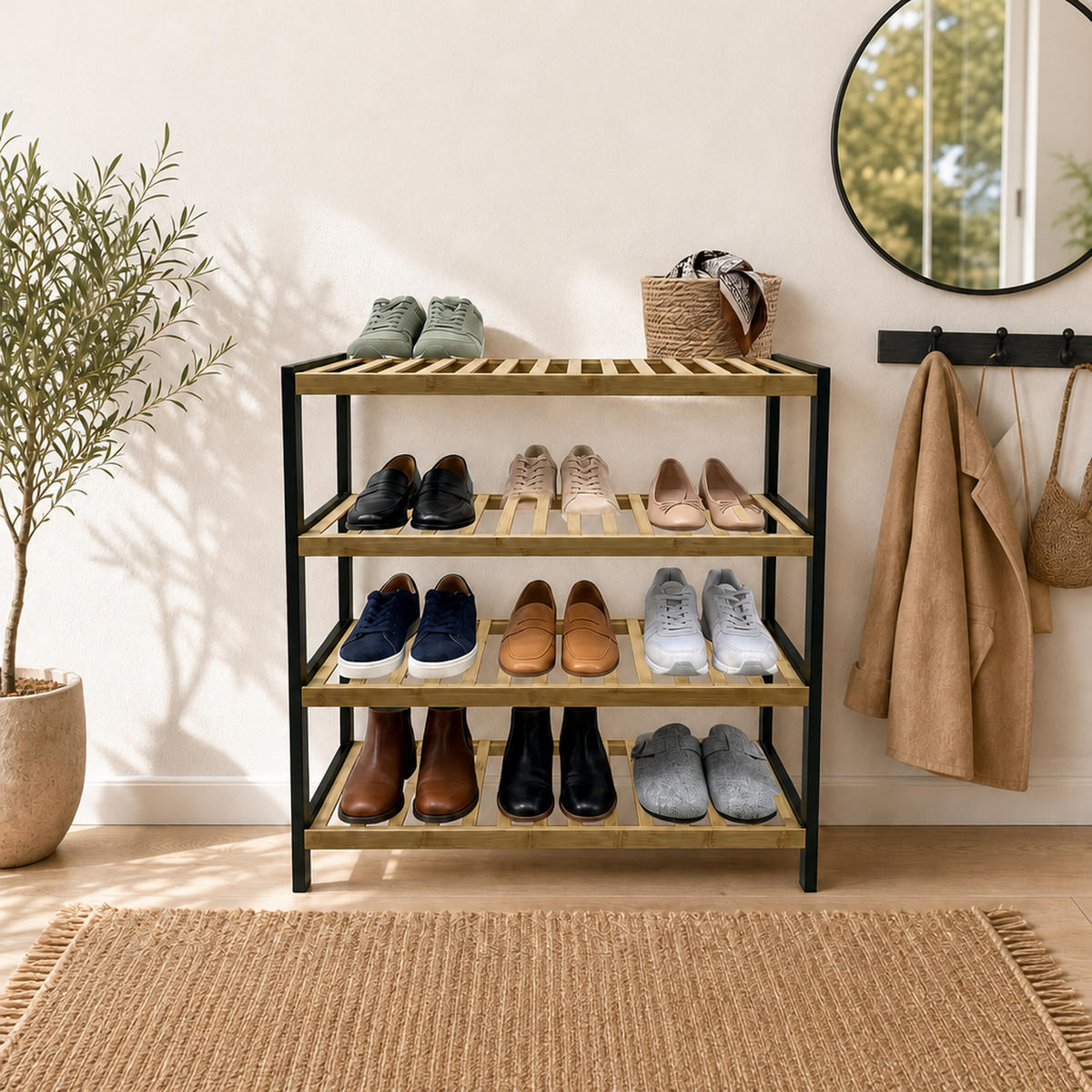 SCHUHREGAL Natur Schwarz Bambus 4 Ebenen - Hellbraun, Holz (70/75.5/24.5cm) - Relaxdays