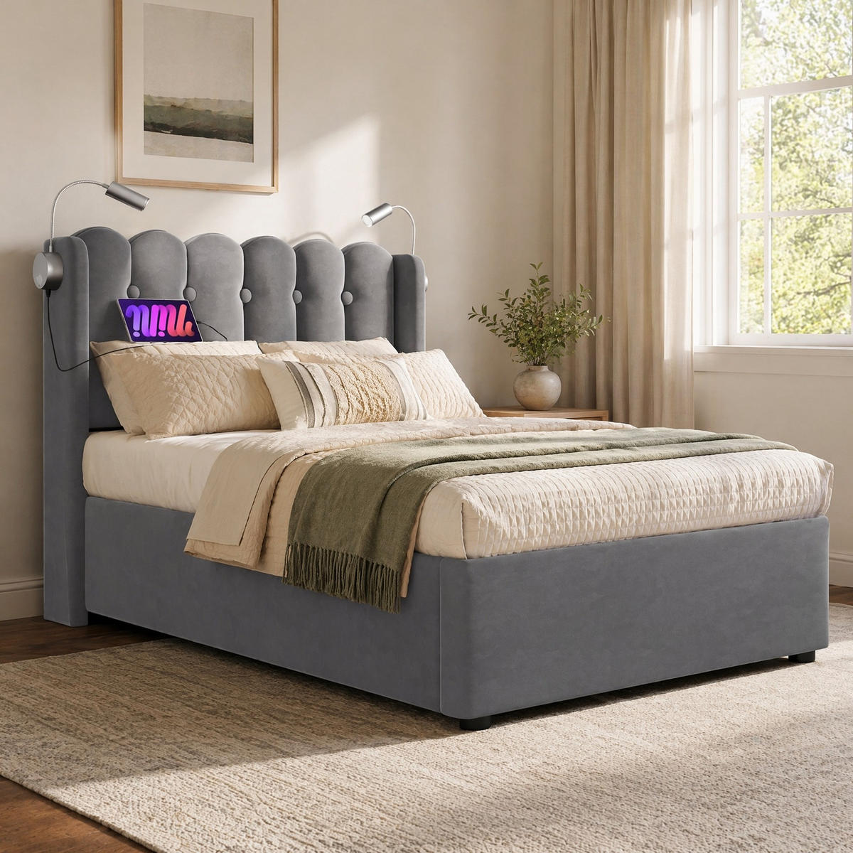 POLSTERBETT 90/200 mit Bettkasten, Leselicht und USB in Grau - Grau, Holzwerkstoff/Textil (90/200cm) - EVRYAE