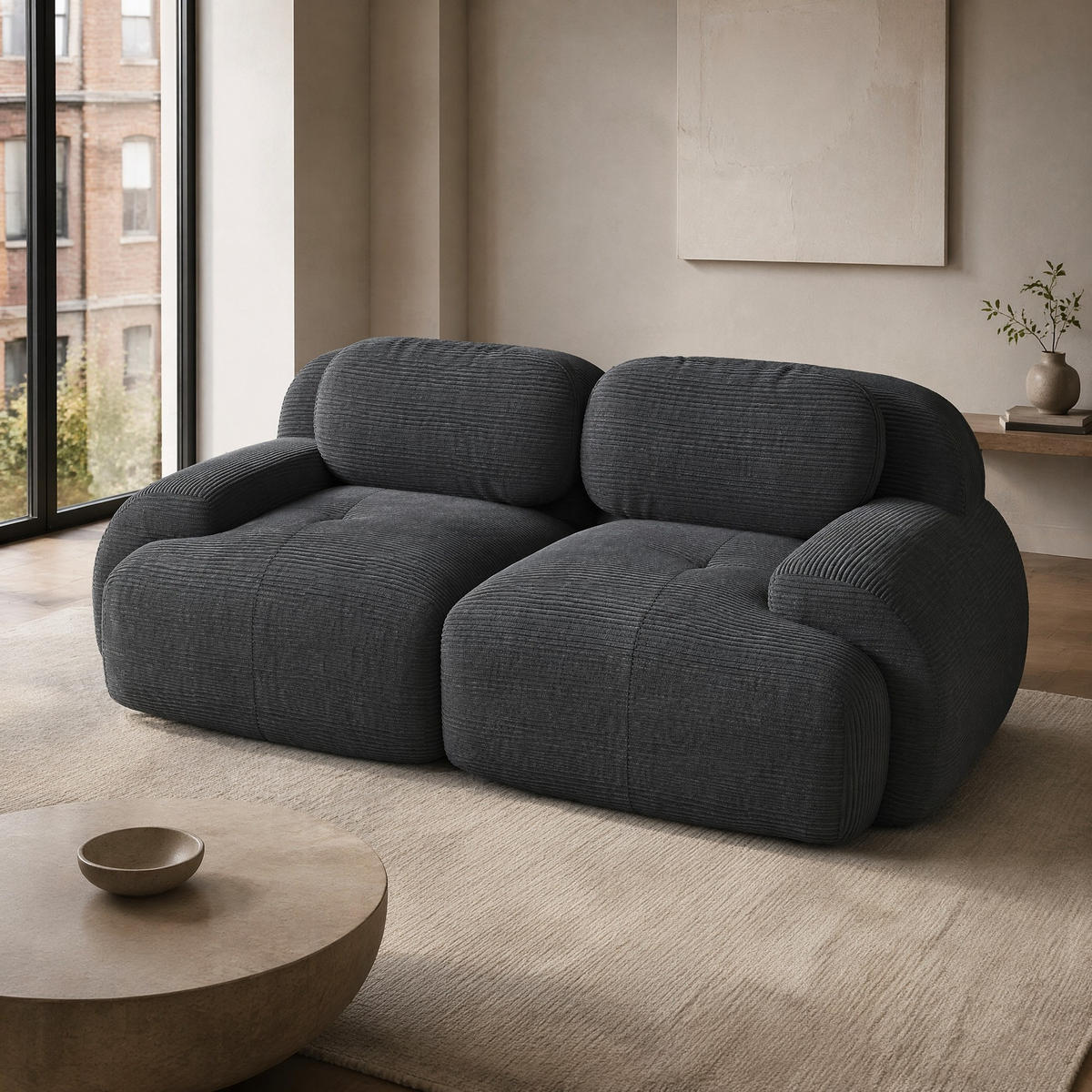SOFA 2-Sitzer in Grau aus Cord mit modularem Design und geschwungenen Armlehnen - Grau, Textil (208/75/103cm) - CHICFURN