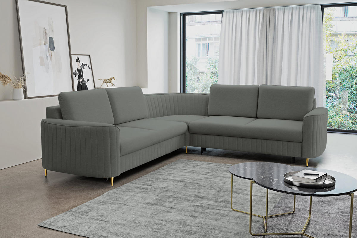ECKSOFA VELA L-S Grau Velours-Stoff mit Schlaffunktion - Grau, Holz (251/251cm) - MASSENO