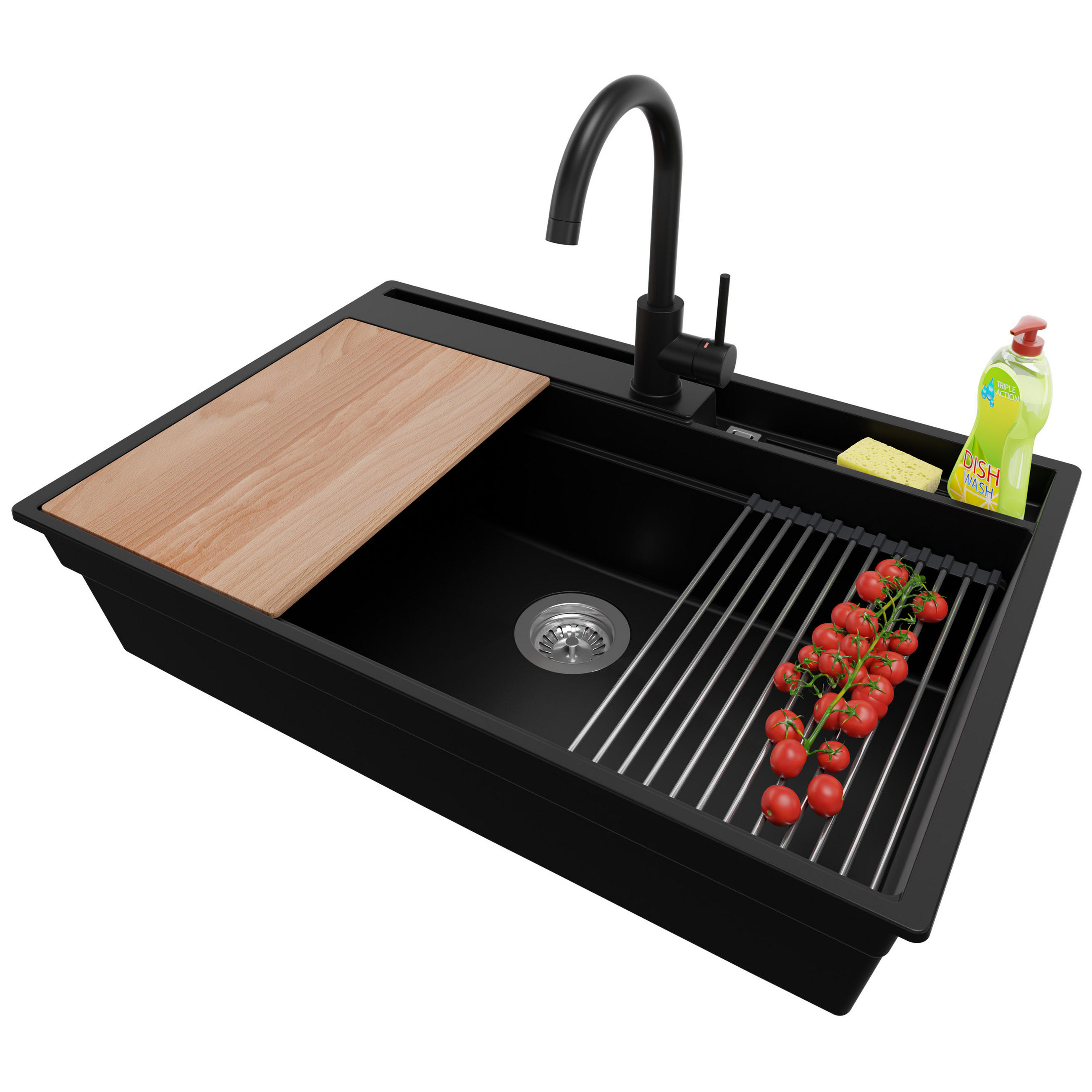 GRANITSPÜLE Oslo Pocket, 2-er set Schwarz 78/53 cm 1 Becken + Küchenarmatur 32/20 cm + Ablauf-Set + Küchenzubehörset ab 80er Unterschrank - Chromfarben/Beige, Kunststoff (78/20/53cm) - Primagran