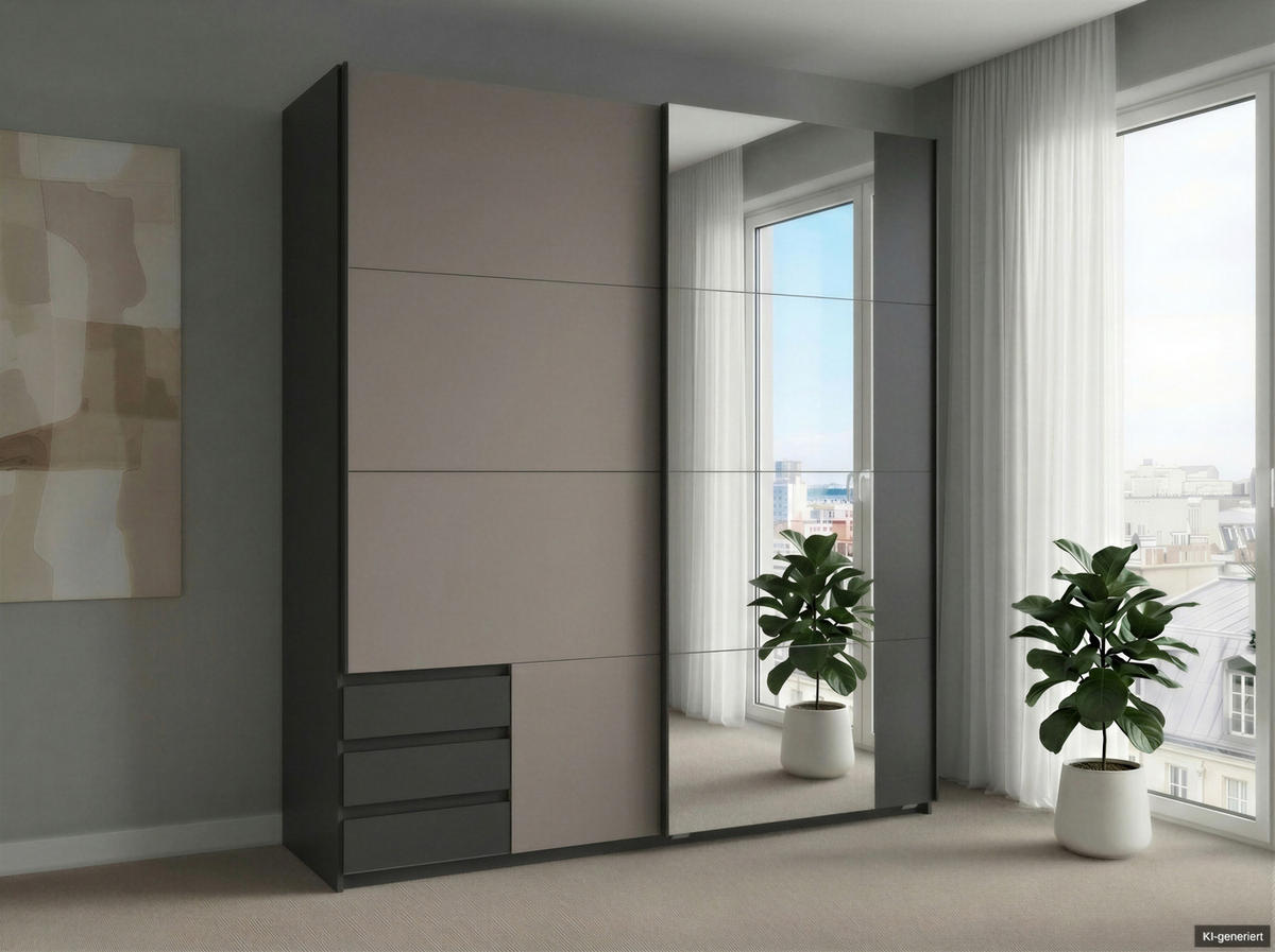 SCHWEBETÜRENSCHRANK 2-türig B179/H198/T65 cm, Kleiderschrank mit Spiegel & sichtbaren Schubkästen in Grafit, 1x Tür in Sandgrau / 22708 - Sandfarben/Schwarz, Holz/Holzwerkstoff (179/198/65cm) - luma-home
