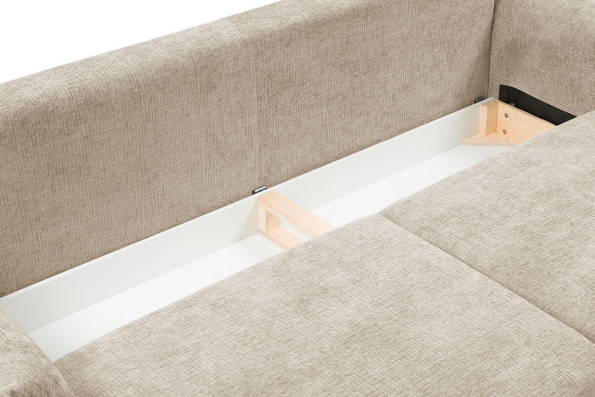 BETTSOFA UNO Beige Chenille-Stoff mit Schlaffunktion - Beige, Holz (240/90/108cm) - MASSENO
