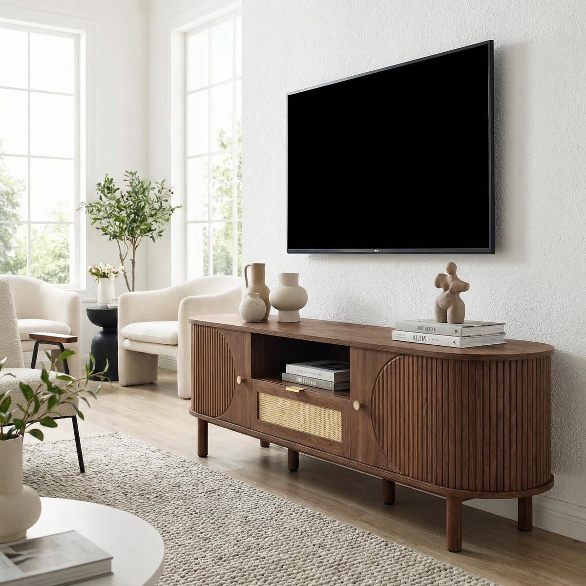 TV-SCHRANK 175 cm Nussbaum MDF mit Rattan-Schublade, offenen Fächern und Runddesign - Walnussfarben, Holzwerkstoff (175/51/36cm) - Urban Meuble