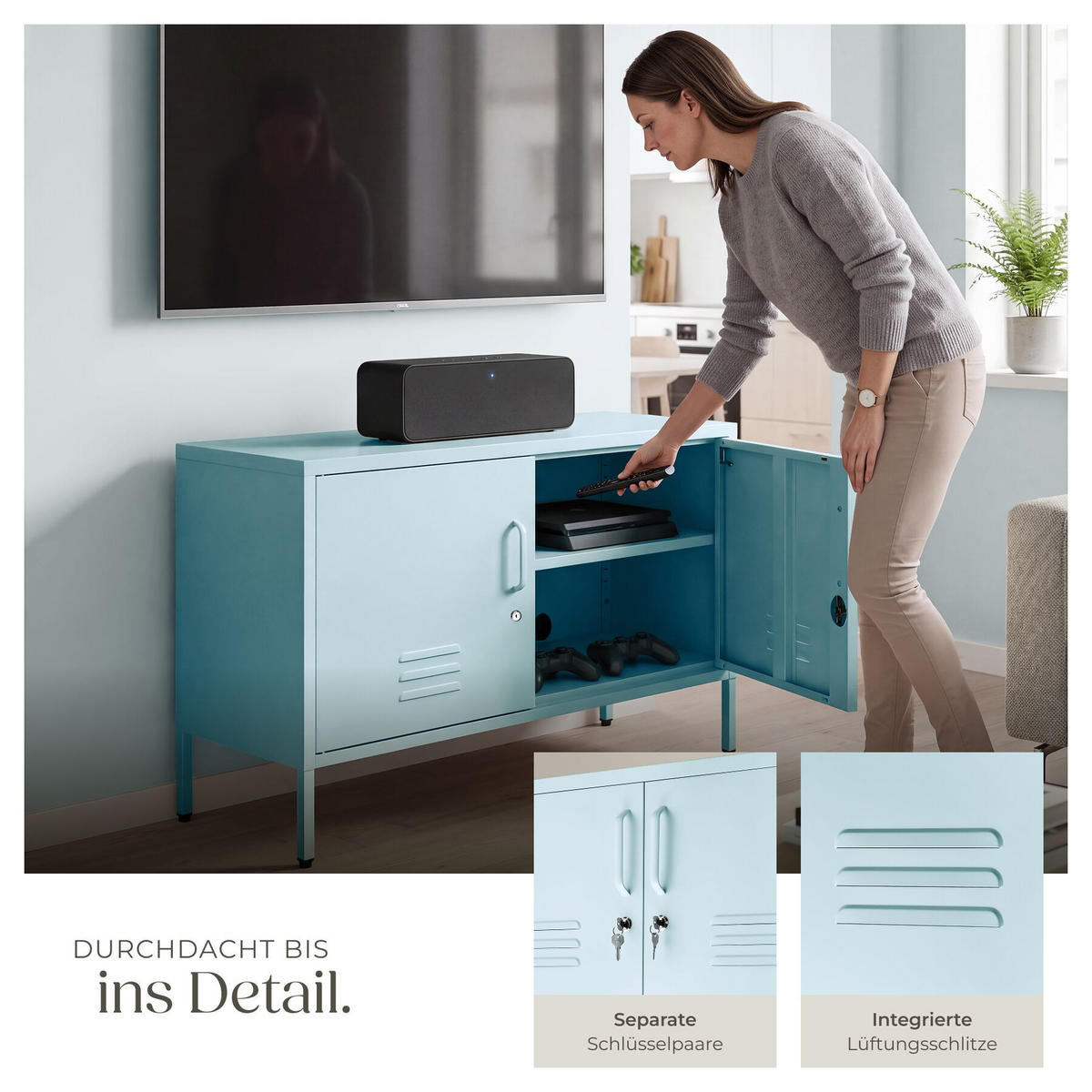 SIDEBOARD Baker, Kippschutz, höhenverstellbare Füße, grau/blau - Blau/Grau, Metall (100/65/42.5cm) - tectake