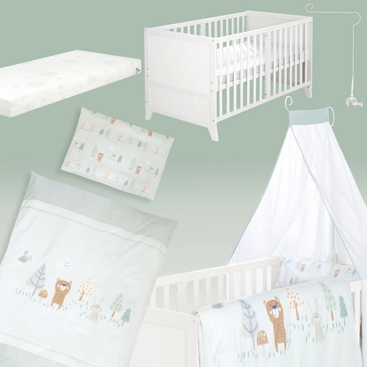 BABYBETTSET 'Woodland Buddies' 70 x 140 inkl. kompletter Ausstattung - Weiß / Pastellgrün - Weiß, Holz (70/140cm) - Roba