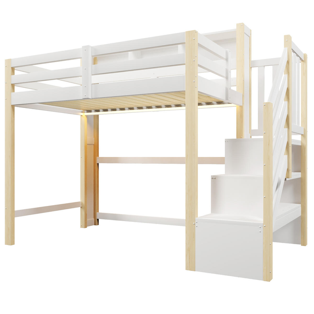 HOCHBETT mit Stauraum und LED 90x200 cm Weiß Natur - Wengefarben, Holz (90/200cm) - Meubliv