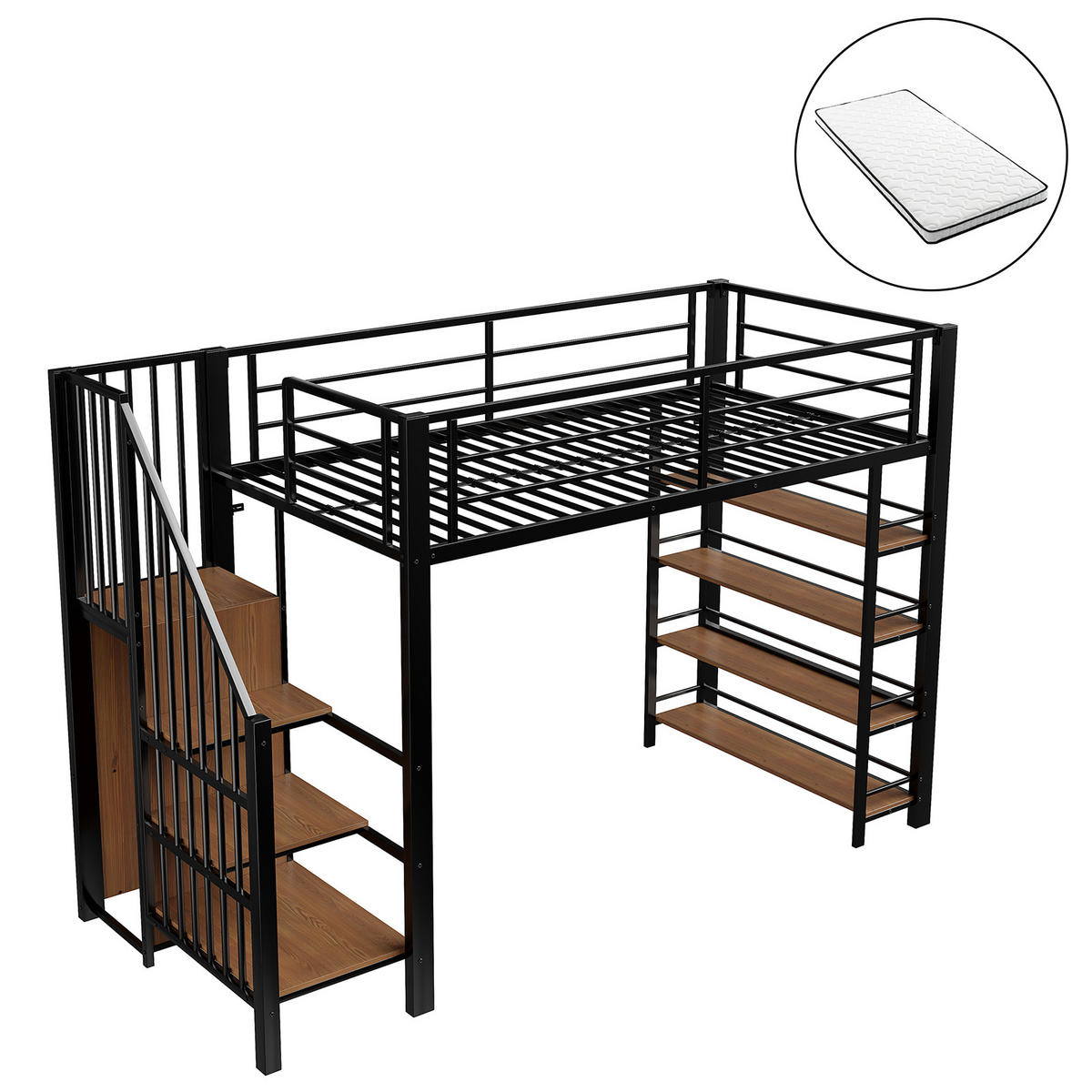 HOCHBETT 90/200 cm Schwarz mit Sicherheitstreppe und Stauraum mit Matratze - Schwarz, Metall (90/200cm) - OKWISH