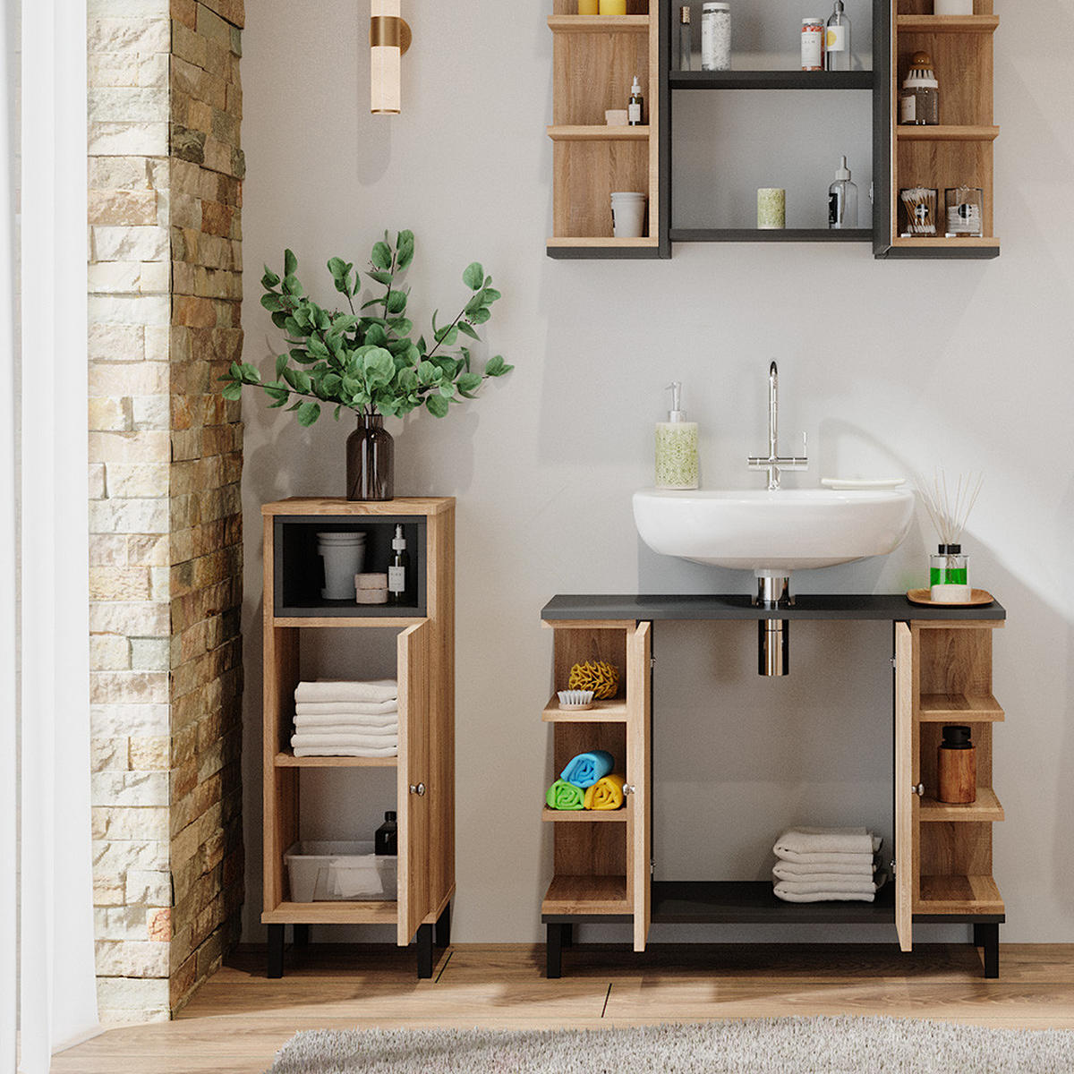 BADMÖBEL-SET Aquis Sonoma 3 Teile - Anthrazit/Sonoma Eiche, Holzwerkstoff (79.6/64/32cm) - Vicco