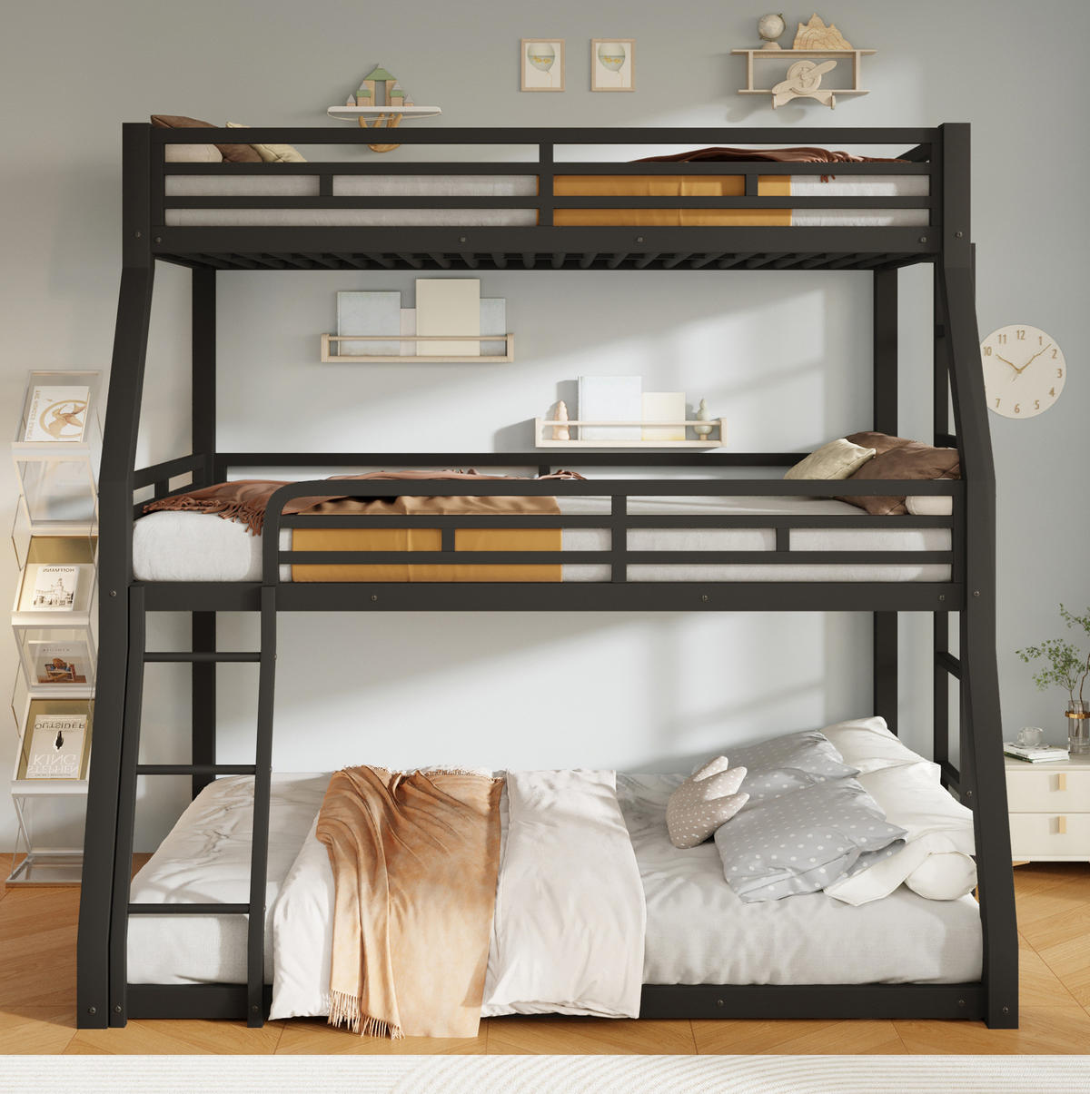 DREIFACH-ETAGENBETT aus Metall 90x200, 120x200 und 140x200 cm Schwarz mit 2 Leitern - Schwarz, Metall (90/200cm) - Modfu