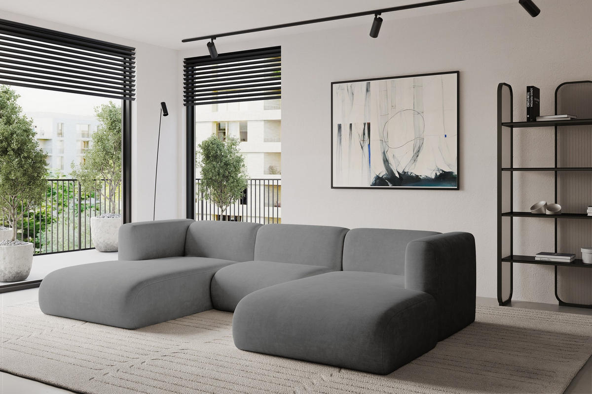 WOHNLANDSCHAFT MIRA-U1 317x179x70 Grau Velours - Schieferfarben/Schwarz, Holzwerkstoff/Kunststoff (317/70/179cm) - ALTDECOR