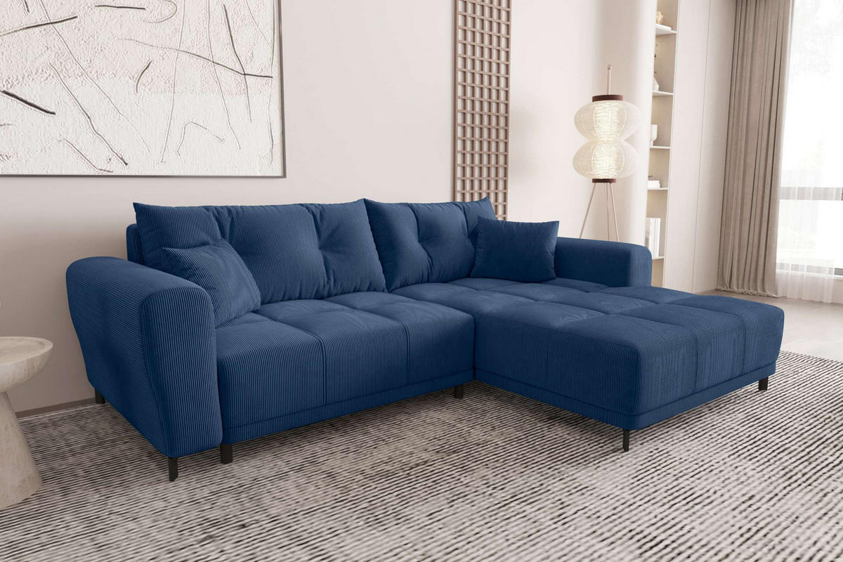 ECKSOFA Massimo Cordstoff Blau inkl. Schlaffunktion Rechts - Blau/Schwarz, Textil/Metall (246/177cm) - 99rooms