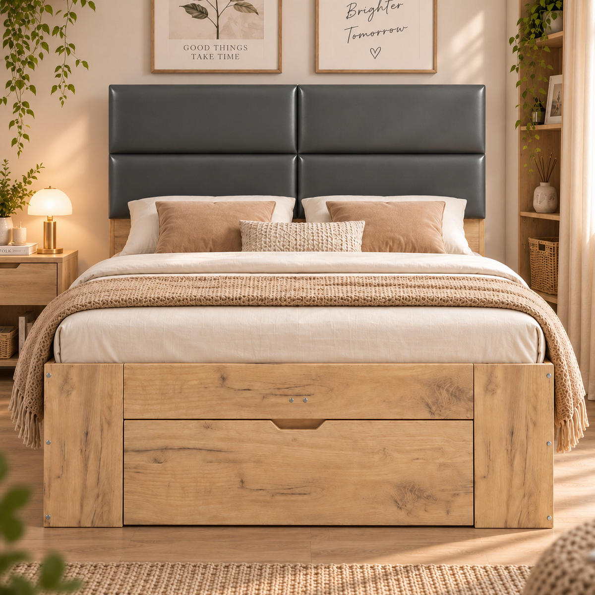 KINDERBETT 140/200 cm mit USB und Stauraum, DE-41825, in Naturfarbe - Naturfarben, Holzwerkstoff (140/200cm) - ComfortXL