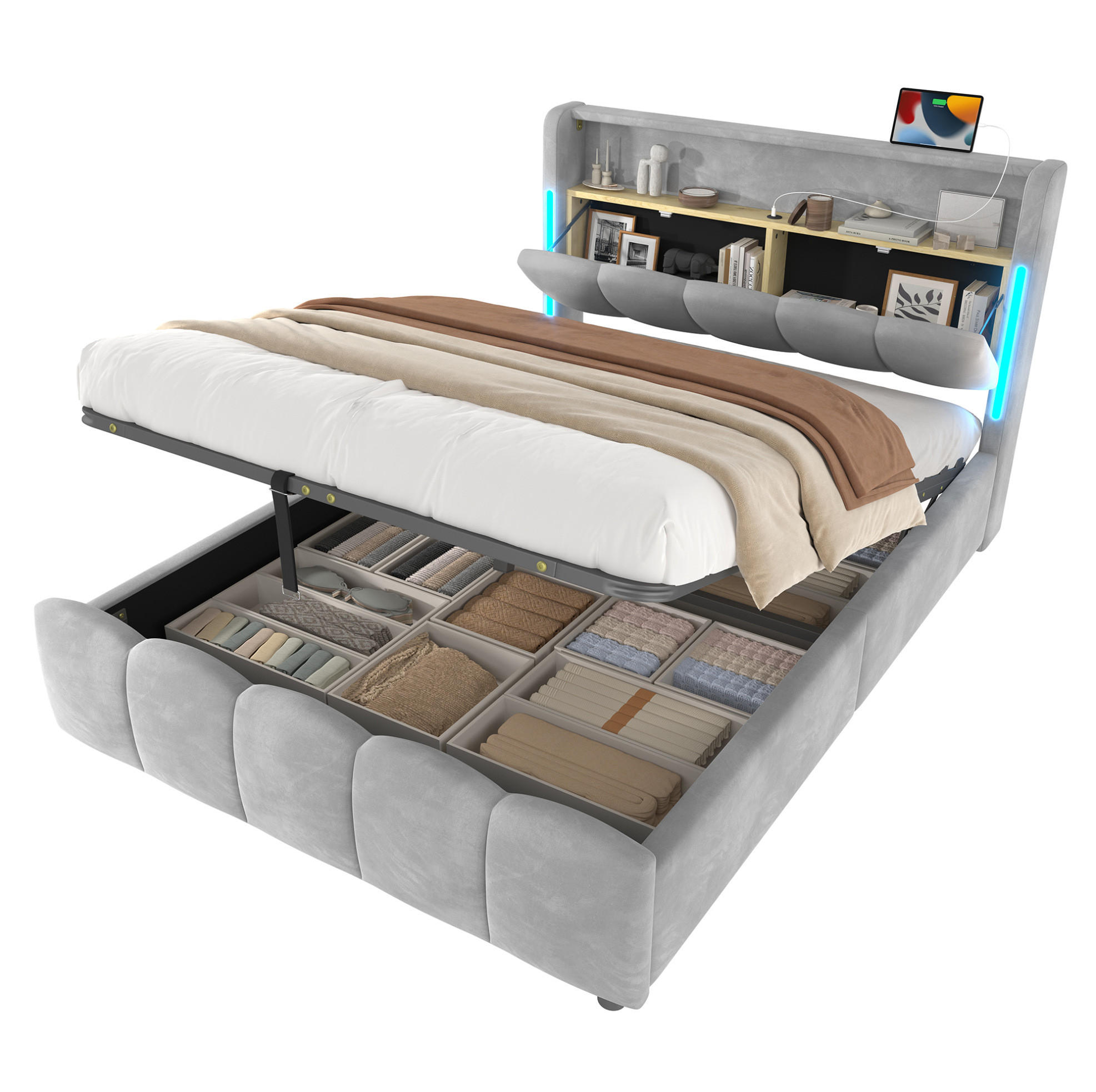 POLSTERBETT 140/200 cm grau aus Samt und MDF mit LED und Stauraum - Grau, Textil (140/200cm) - OKWISH