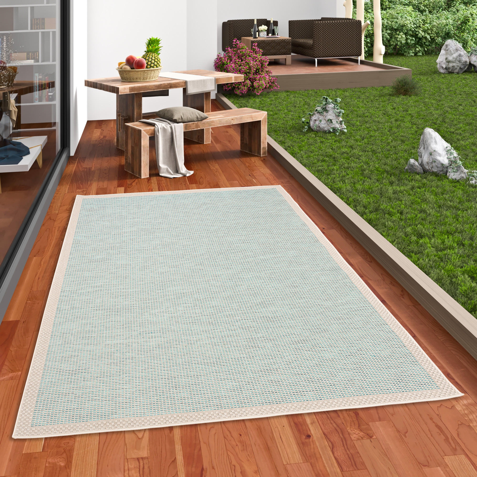 IN & OUTDOOR TEPPICH FLACHGEWEBE OTTAWA BORDÜRE - Türkis, Textil (80/150cm) - Pergamon