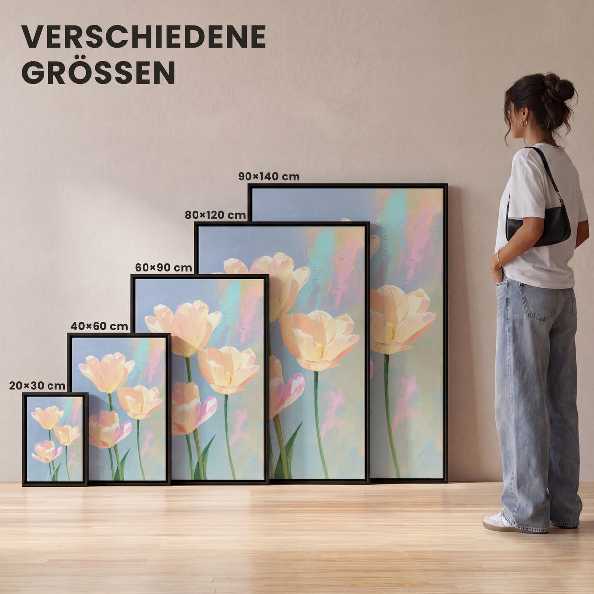 LEINWAND Bilder mit Rahmen - Tulpen - Rosa Akzente - Blau - 80x120 - Pastellblau, Textil (80/120cm) - MuchoWow