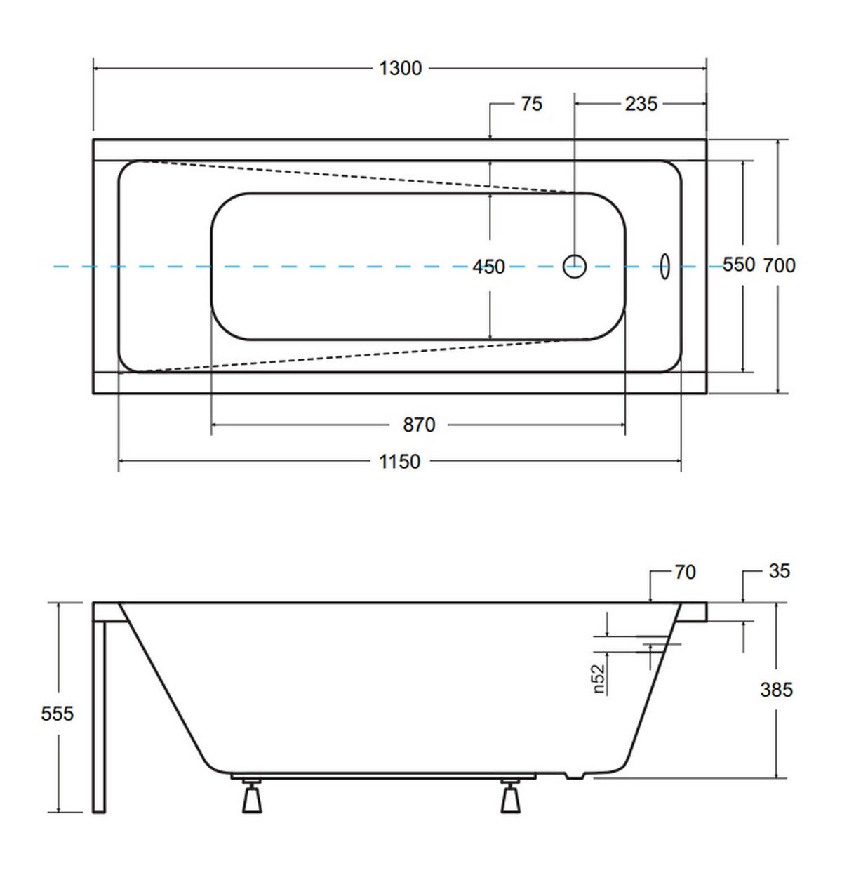 BADEWANNE Rechteck MODERN 130/70 Ablauf & Füße - Weiß, Kunststoff (70/55.5/130cm) - bad land