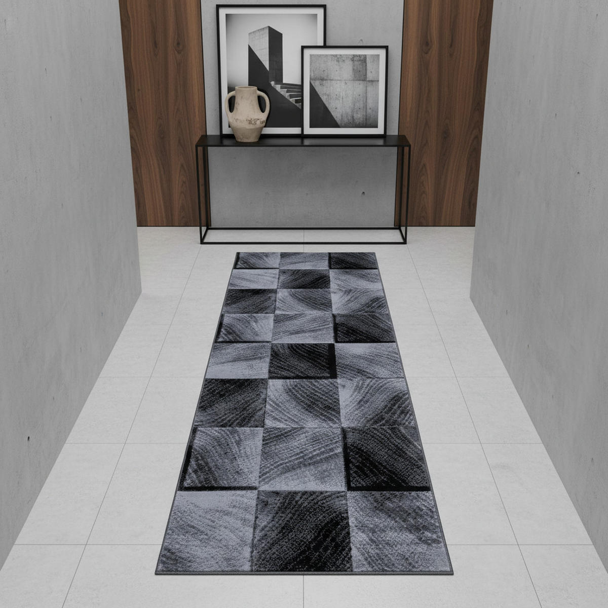 TEPPICH Kurzflor Karo-Design Polypropylen Wohnzimmer Schwarz Läufer 80x300 - Schwarz, Textil (80/300cm) - KADIMA DESIGN