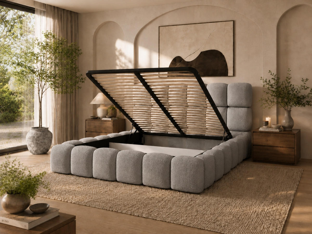 POLSTERBETT TESSA 140x200 cm in Grau, gepolstertes Kopfteil, Metalllattenrost, Bettkasten, Bouclé-Stoff - Grau, Holz/Textil (140/200cm) - EMLAR Home