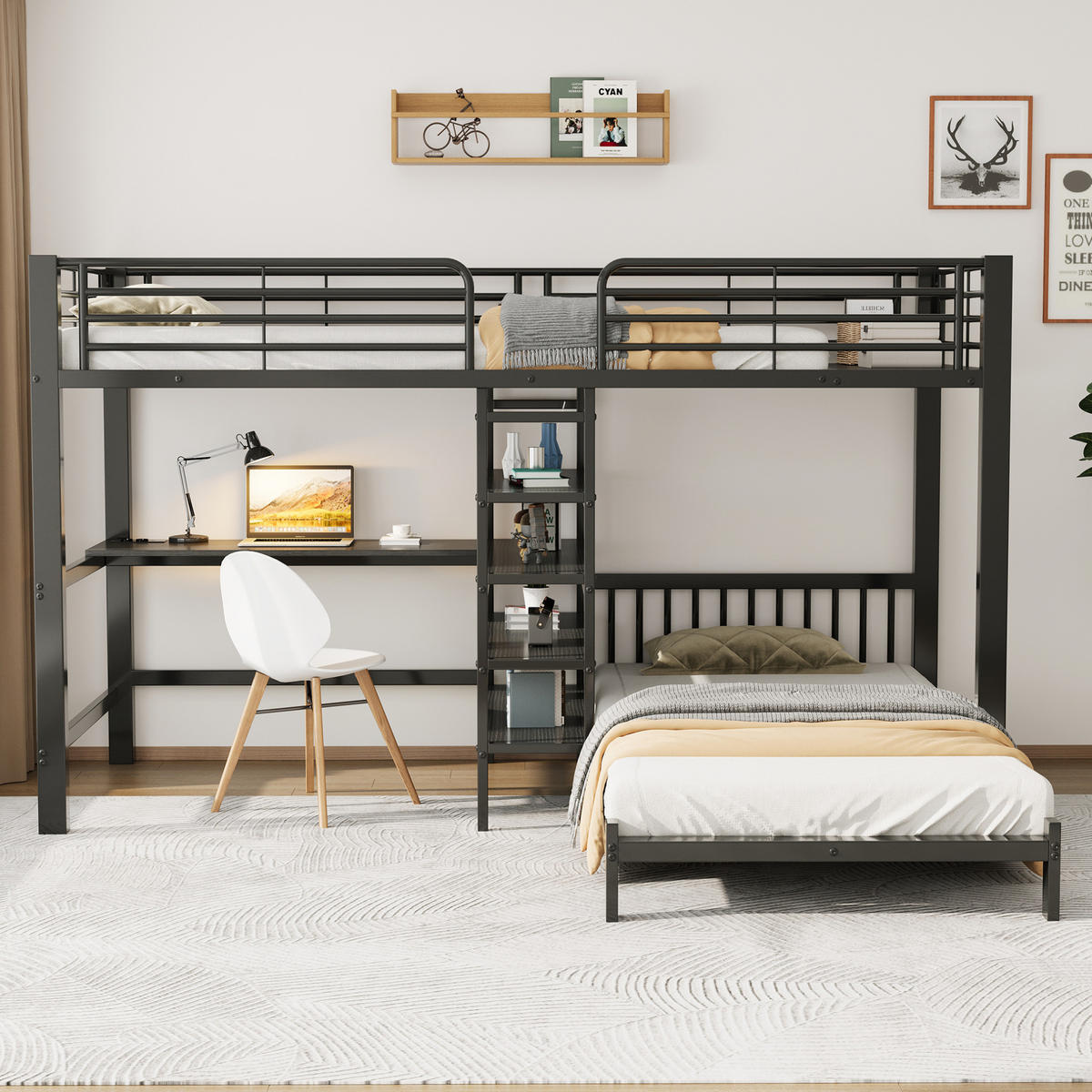 HOCHBETT aus Metall und MDF 90x200 cm Schwarz mit Schreibtisch, Stauraumtreppe und USB-/Type-C-Anschluss - Schwarz, Holzwerkstoff (90/200cm) - IVMEU