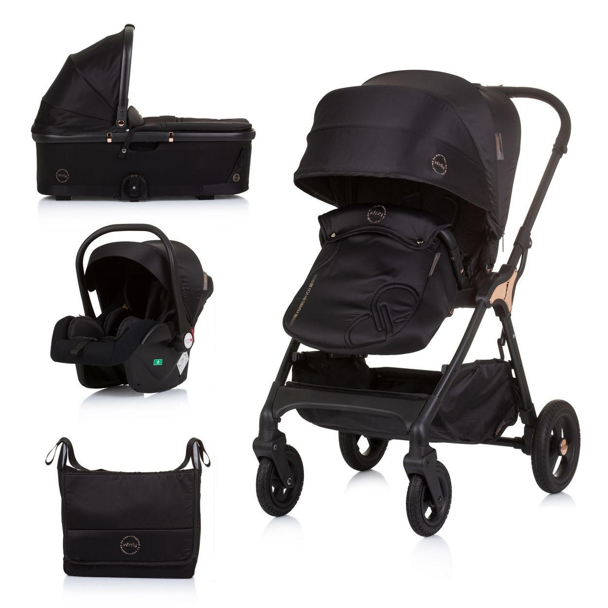 KOMBIKINDERWAGEN 3 in 1 Infinity schwarz i-Size Babyschale Babywanne Sportsitz - Schwarz, Metall (90/60/101cm) - Chipolino