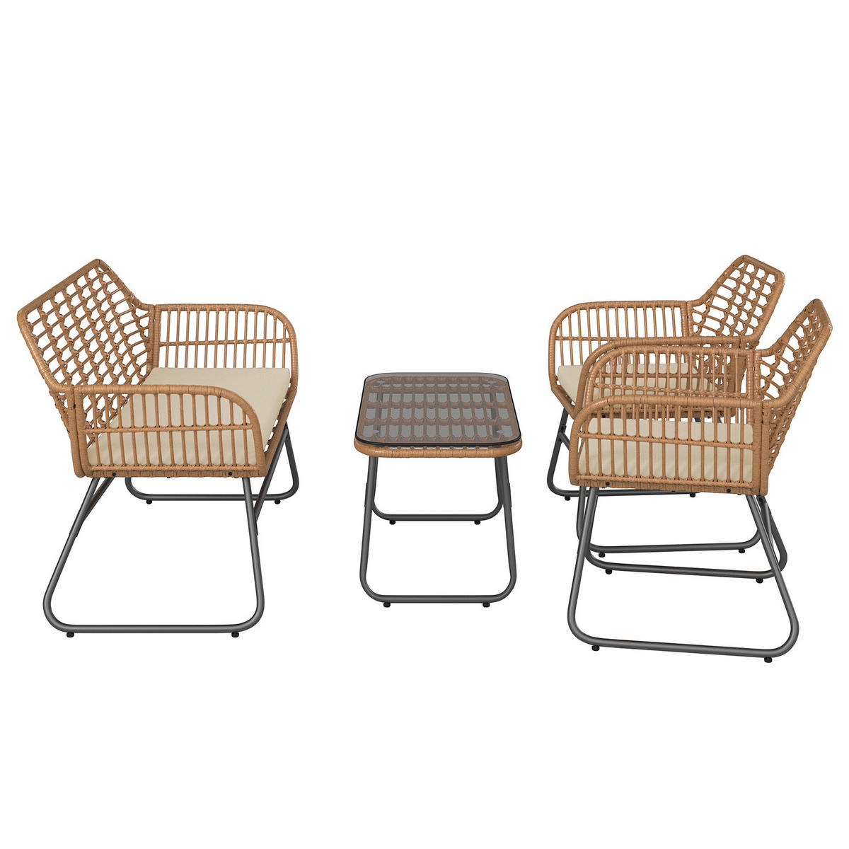 LOUNGESET - Polyrattan / Polyester - Braun / Beige - 4-teilig - Beige/Braun, Naturmaterialien/Glas - home24