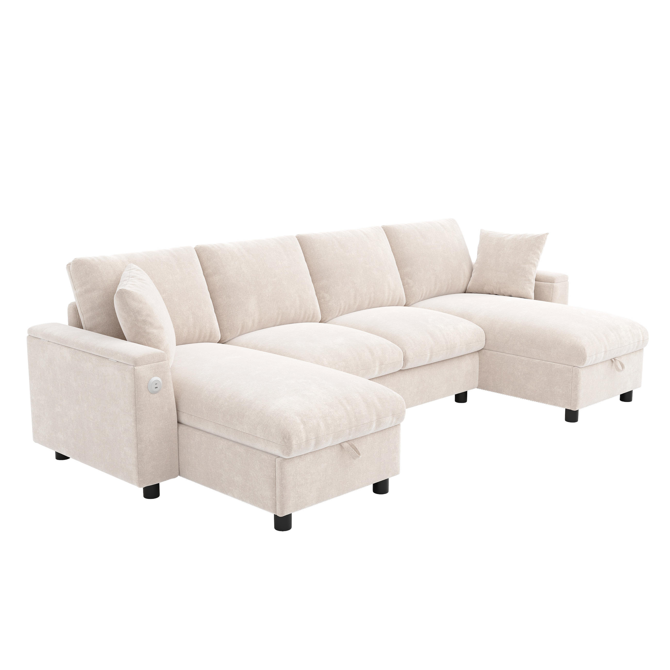 WOHNLANDSCHAFT Chenille Beige mit Stauraum, USB und Type-C-Anschluss - Beige, Holzwerkstoff/Kunststoff (284/84/135cm) - WISHDOR