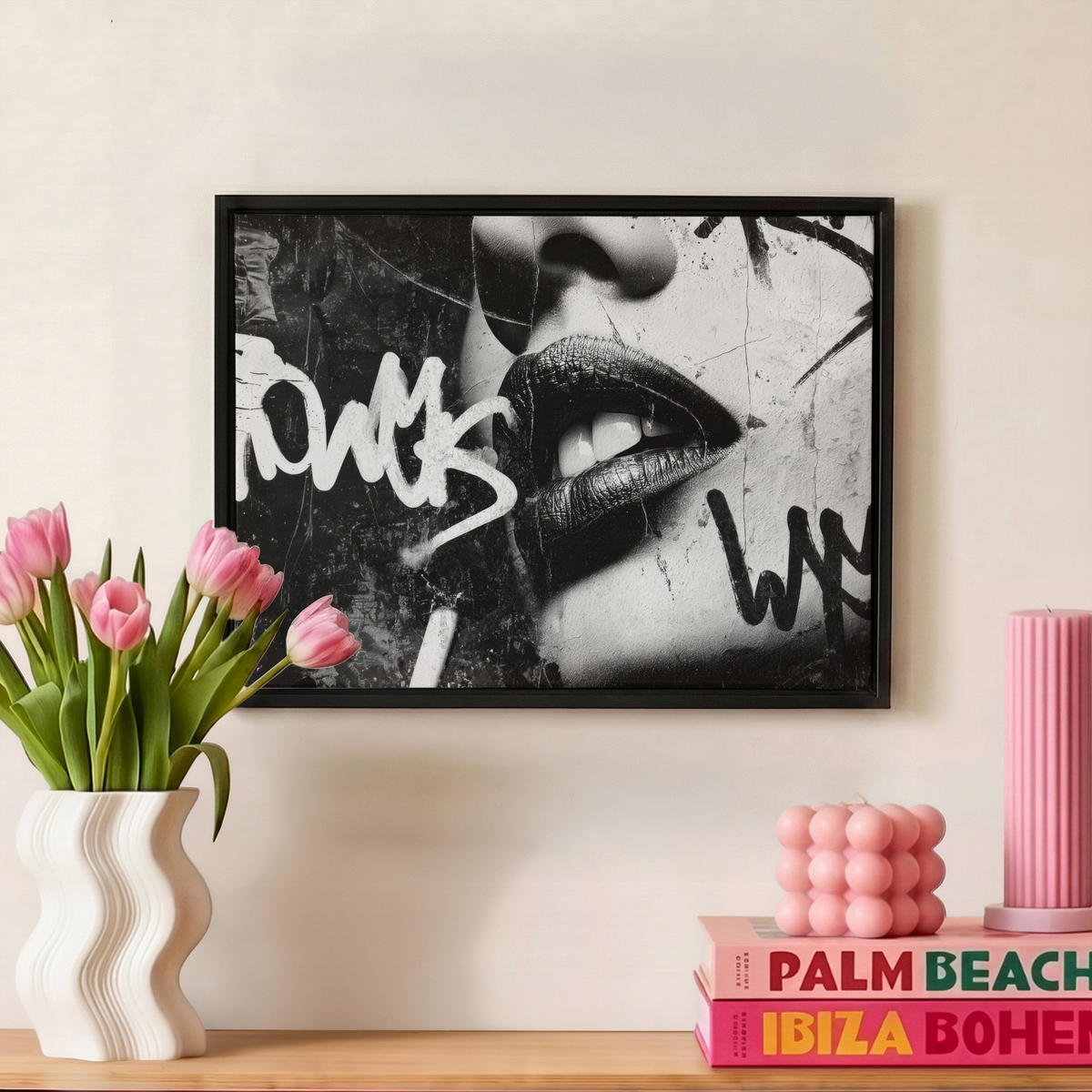 LEINWAND Bilder mit Rahmen - Gesicht - Mund - Graffiti - Schwarz - 40x30 - Schwarz, Textil (40/30cm) - MuchoWow