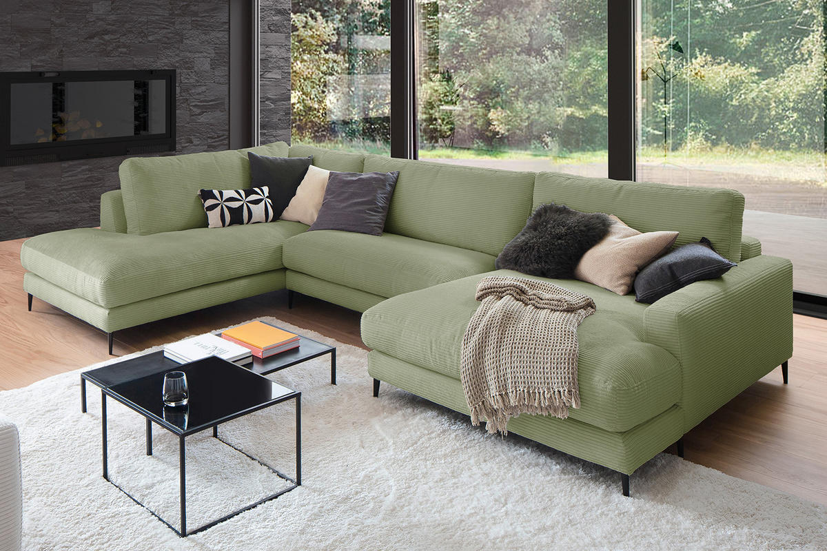 WOHNLANDSCHAFT CARA Grün Cord - Schwarz/Grün, Textil (341/84/223cm) - KAWOLA