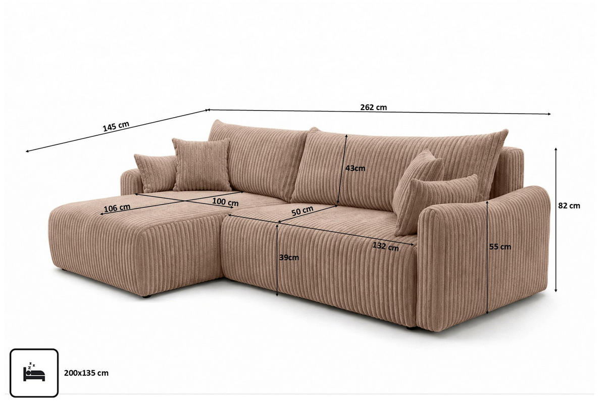 ECKSOFA Mit Schlaffunktion, Cordstoff Tilia, Braun, Links, JAPANDI - Braun, Holz (262/145cm) - Kaiser Möbel