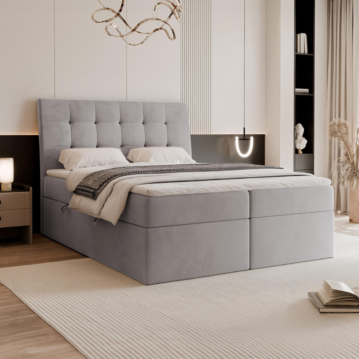 BOXBETT BAILEY 160/200 cm mit Matratze und Topper, Grau - Schwarz/Grau, Textil/Metall (160/200cm) - Idohome