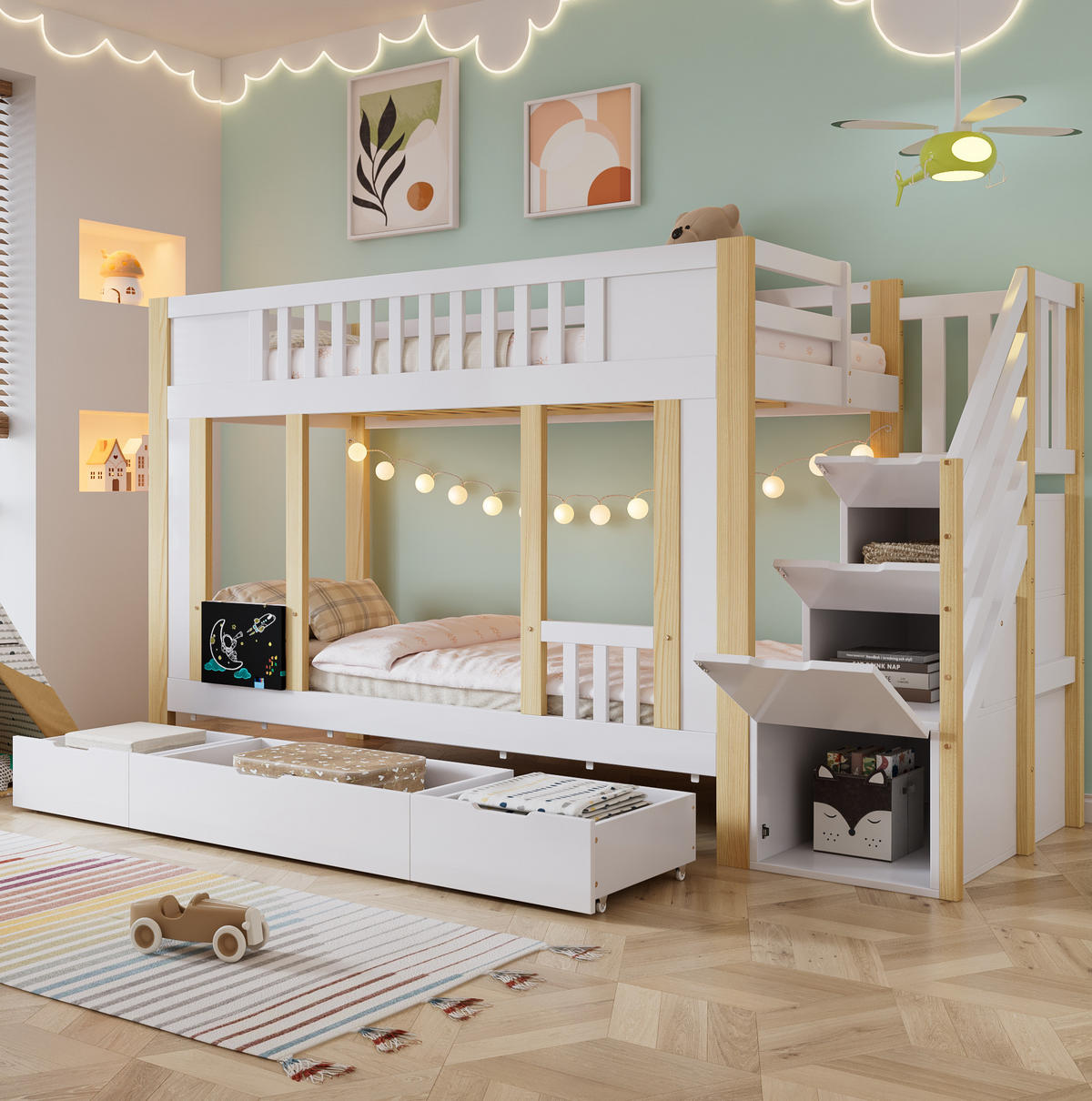 ETAGENBETT 90/200 cm in Weiß/Natur mit Treppenschrank und 3 Schubladen - Weiß, Holzwerkstoff (90/200cm) - Flora Grace