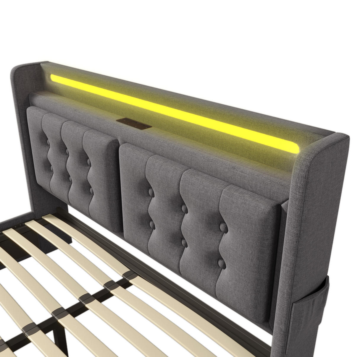 POLSTERBETT 160/200 cm aus Baumwoll-Leinenstoff mit LED, USB-C, Steckdosen, 4 Schubladen und Matratze, Grau - Grau, Textil (160/200cm) - Redom