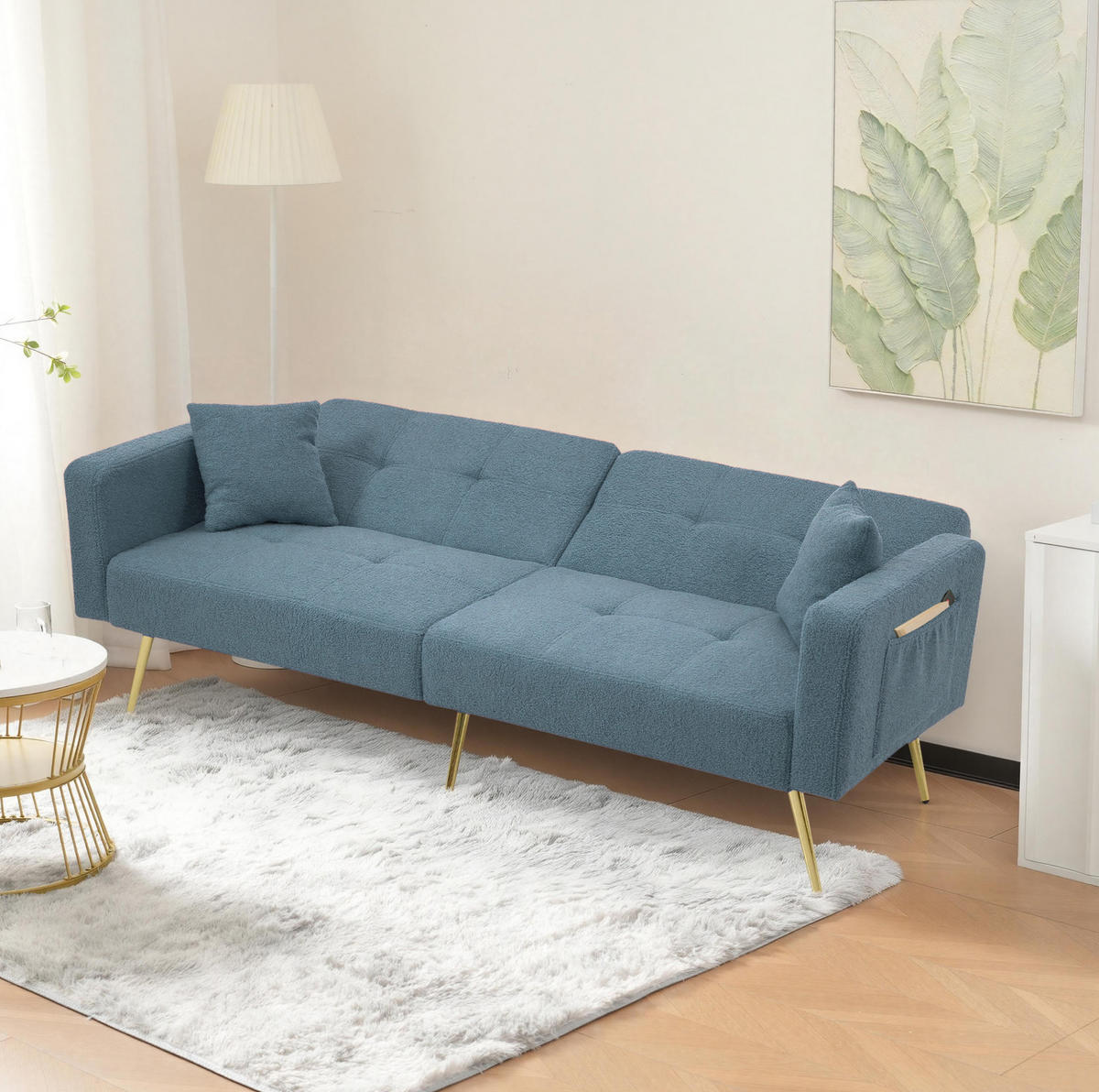 SCHLAFSOFA aus Lammwollstoff 175x64x72 cm in Antikblau mit Bettfunktion - Blau, Textil (175/72/64cm) - Modfu
