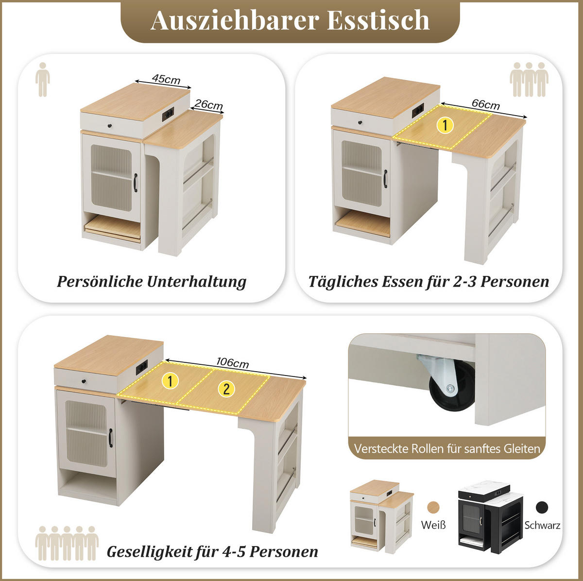 KÜCHENINSEL 80/71-111-151/92 cm aus MDF und Glas mit ausziehbarem Tisch, Steckdosenleiste und Stauraum, Weiß/Natur - Weiß, Holzwerkstoff (151/92/80cm) - Redom