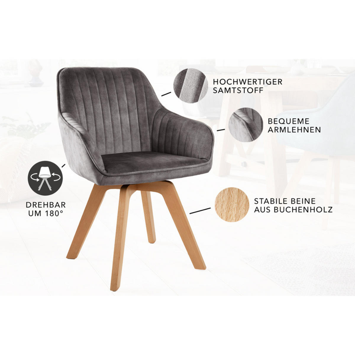 ARMLEHNSTUHL LIVORNO Samt Grau - Grau, Textil (62/84/62cm) - riess-ambiente