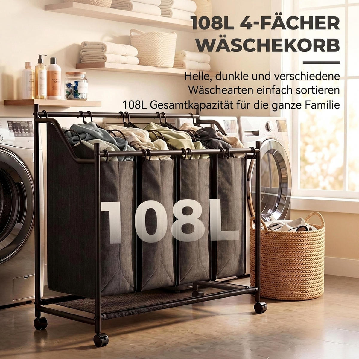 WÄSCHESAMMLER 4er Set Stahl Polyestergewebe Schwarz - Schwarz, Kunststoff/Textil (38/82/86cm) - HOMCOM
