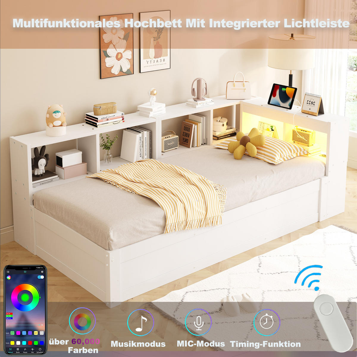 SCHLAFSOFA 90x200cm LED Stauraum Steckdose Massivholz Weiß - Weiß, Holzwerkstoff (90/200cm) - FLIEKS